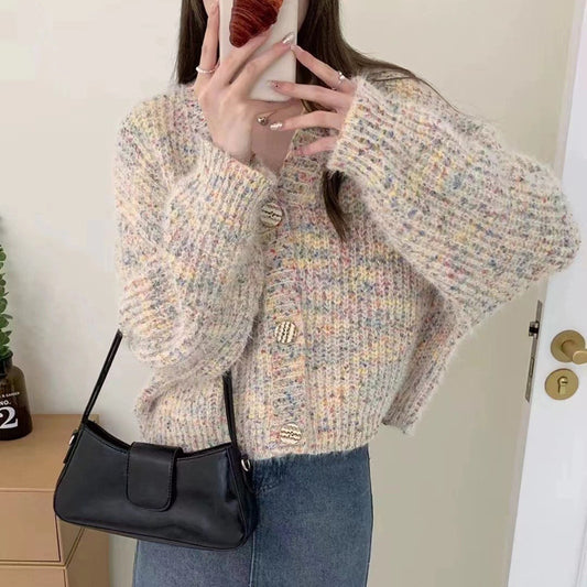 Vintage Colored Dot Short Loose Knitted Cardigan Sweater