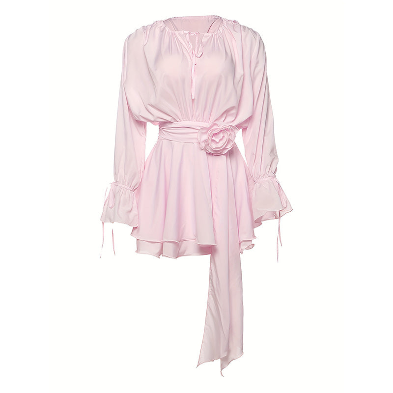 Women's Elegant Solid Color Tie-Neck Dress With Floral Applique, Smocked Sleeves & Tiered Ruffle Hem Boho Mini Dress For Spring Summer