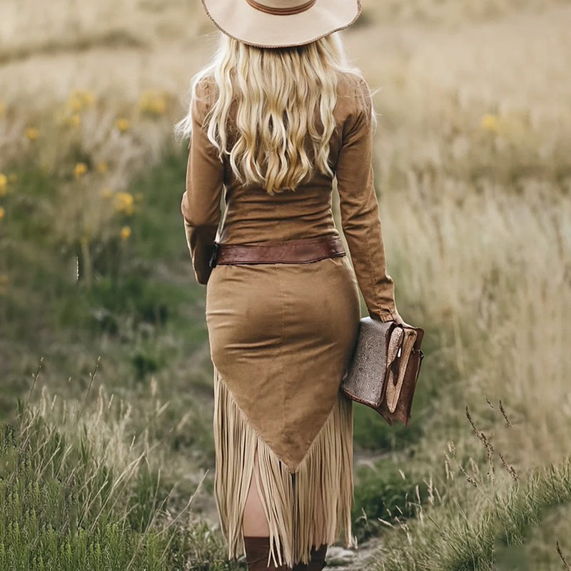 Women's Western Style Zip-Front Dress Solid Color Lapel Long Sleeve Bodycon Midi Dress With Fringe Hem  Belt Not Included