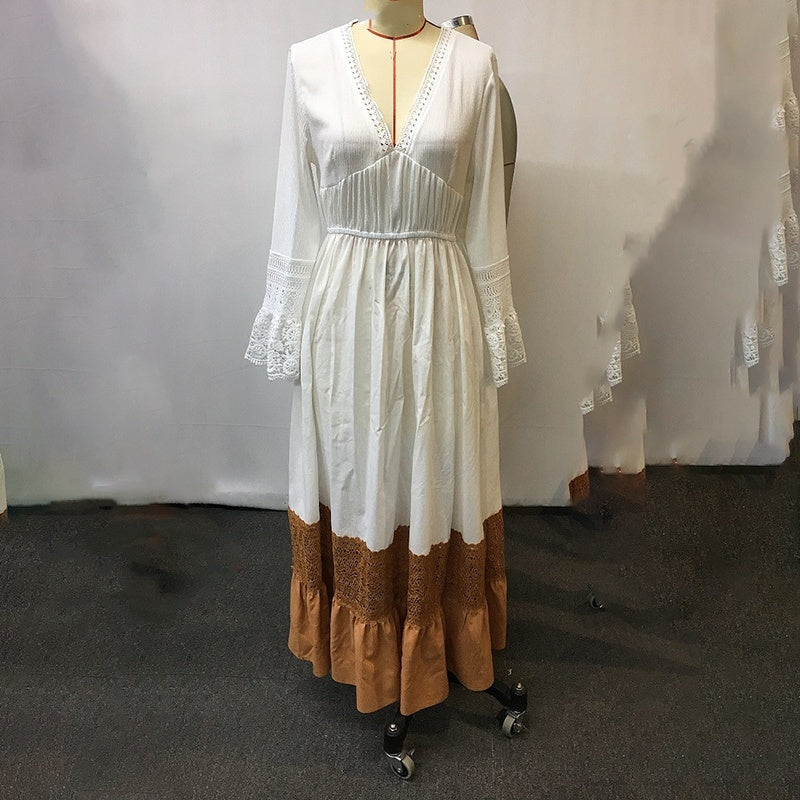 Boho Chic Maxi Dress, Women's Vintage-Inspired Lace Trim With Deep V-Neck Elegant Dress, No Belt Included