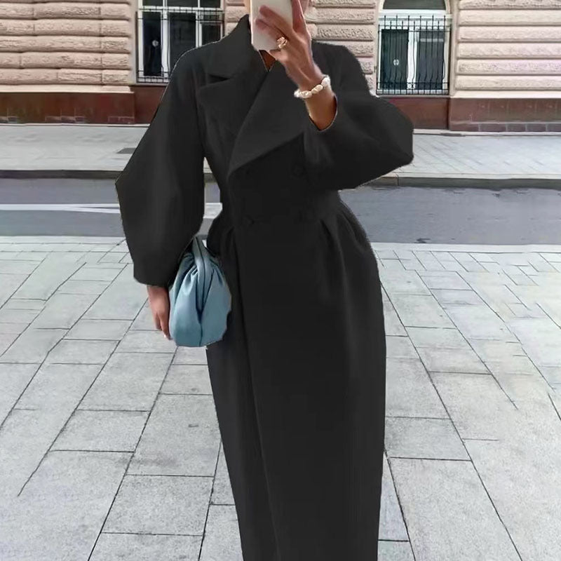 Women's Classic Winter Long Coat, Double-Breasted Belted Trench With Wide Lapel, Solid Color Oversized Overcoat For Casual Style