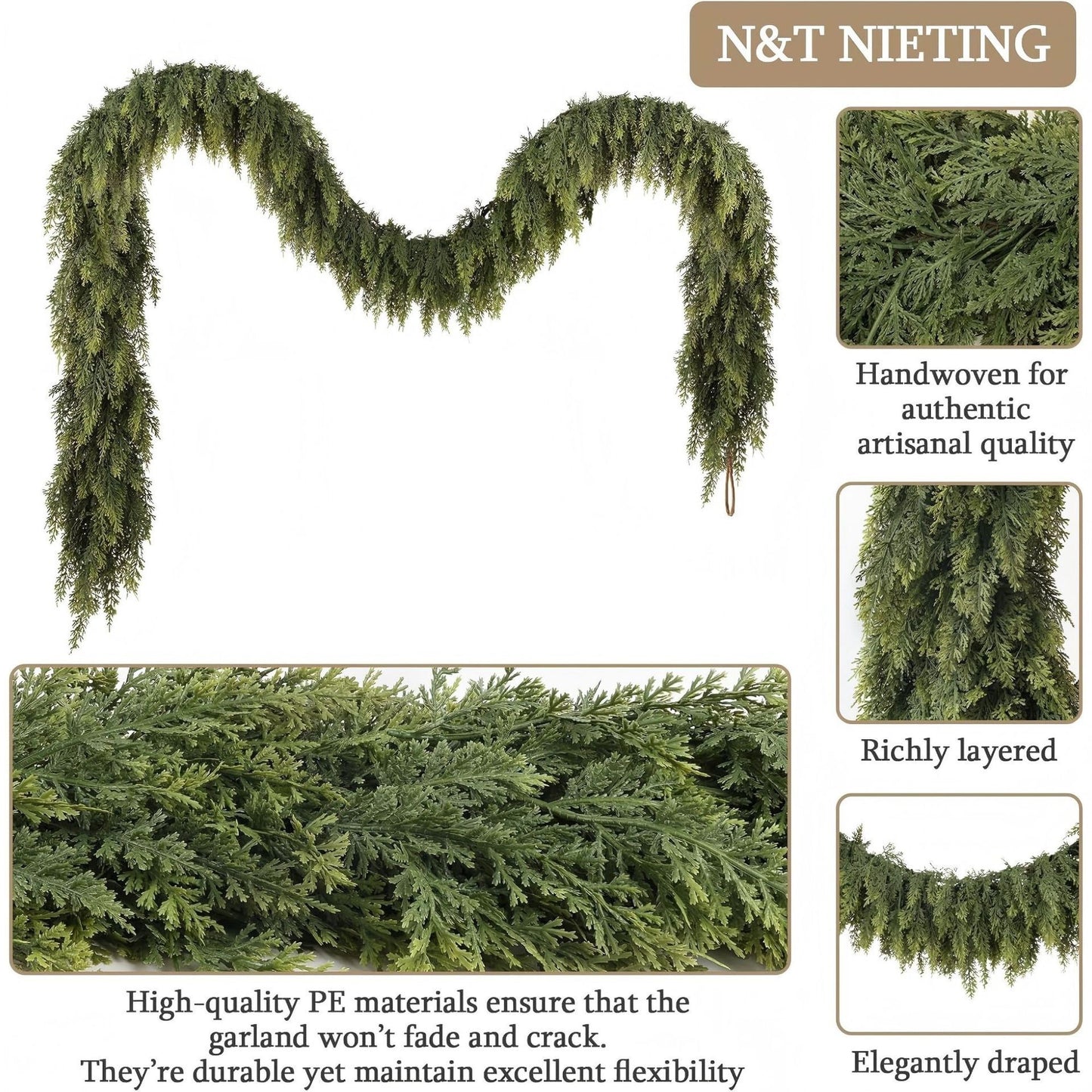 Christmas Pine Needle Garland Soft Rubber Feel Norfolk Pine Cypress Rattan