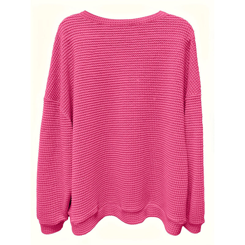 Plus Size Women's Casual V-Neck Pineapple Texture Knit Top Solid Color Long Sleeve Breathable Pullover For Spring Fall