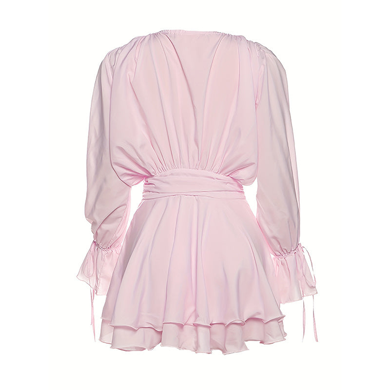 Women's Elegant Solid Color Tie-Neck Dress With Floral Applique, Smocked Sleeves & Tiered Ruffle Hem Boho Mini Dress For Spring Summer