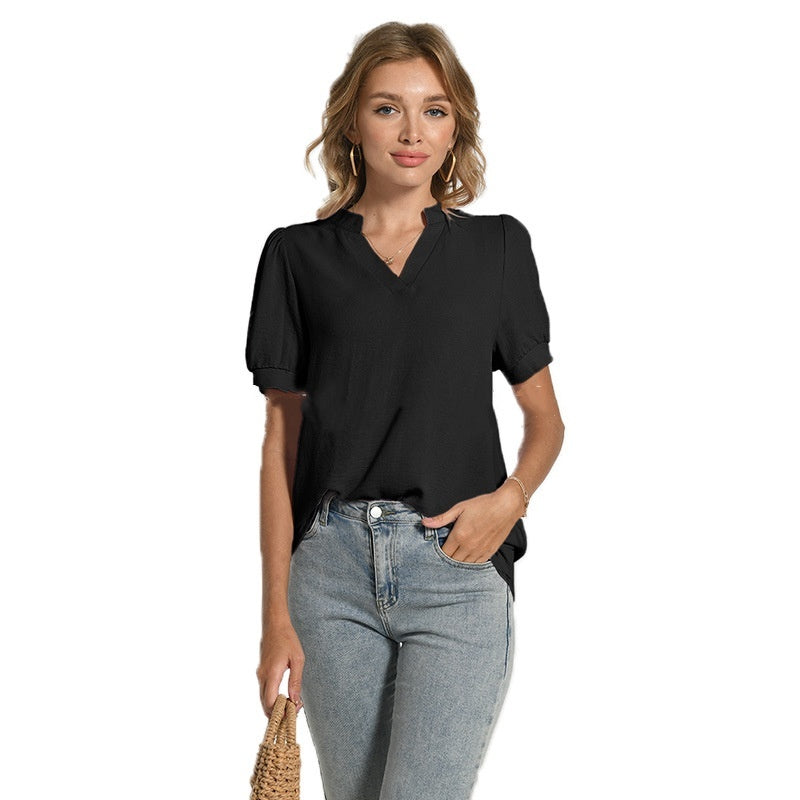 Comfortable Breathable V-neck Puff Sleeve Elegant Short Sleeve T-shirt