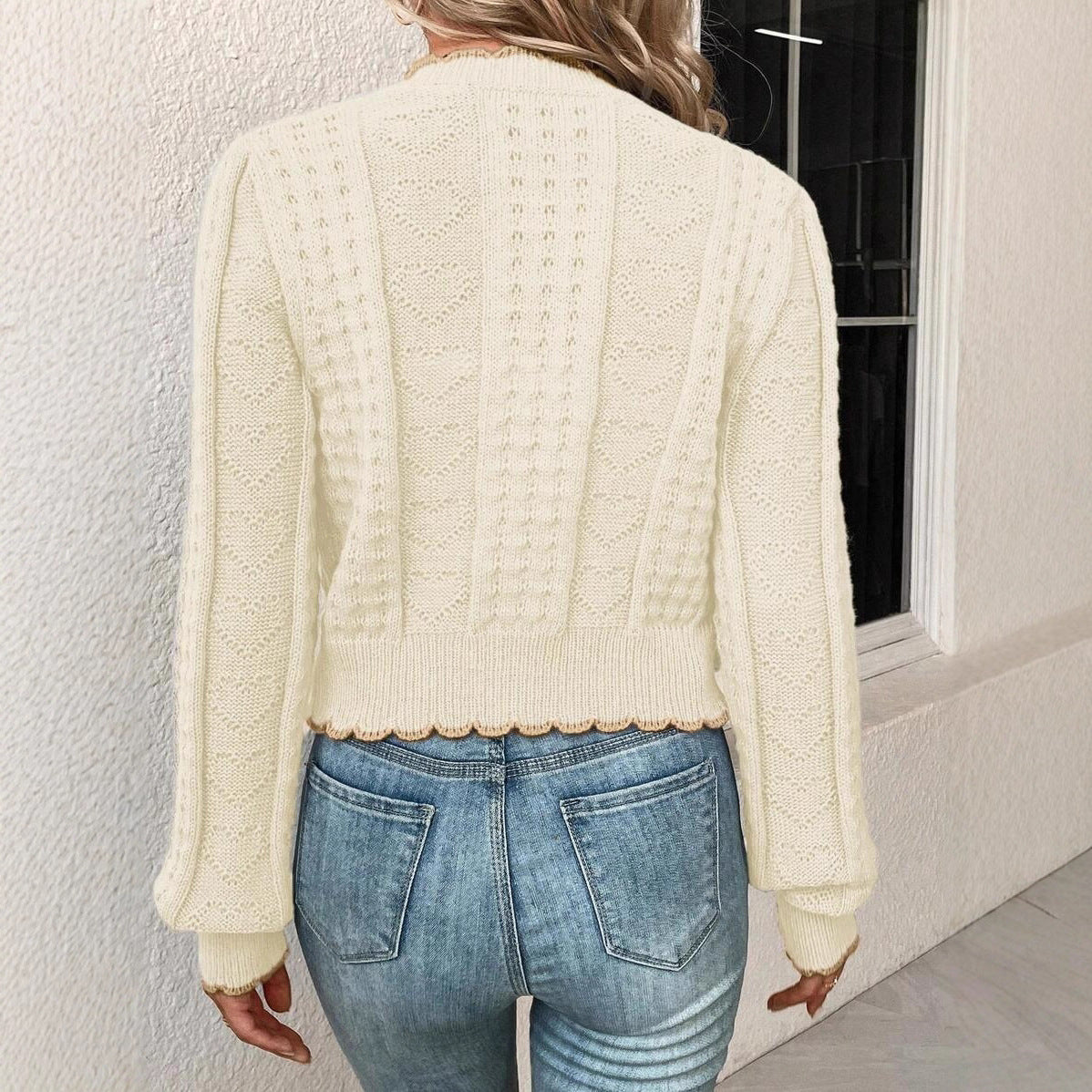 Elegant Contrast Color Lace Heart-shaped Button Knitted Cardigan Coat