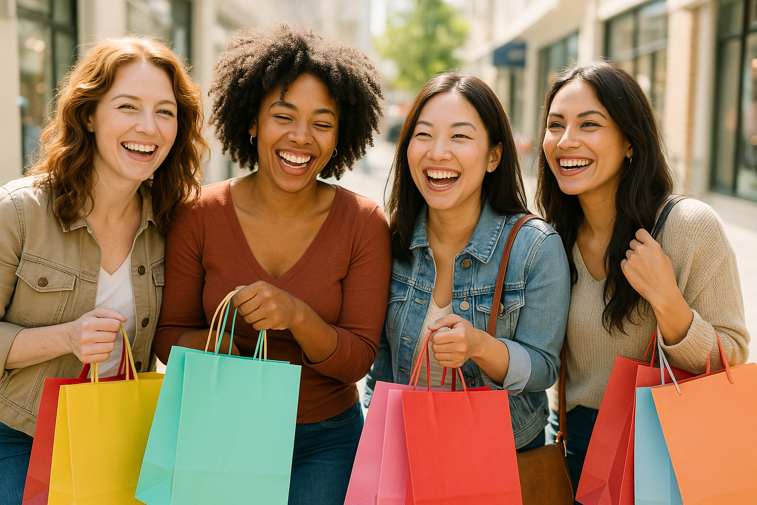 generate a image of multiple women shopping, smiling, holding shopping bags